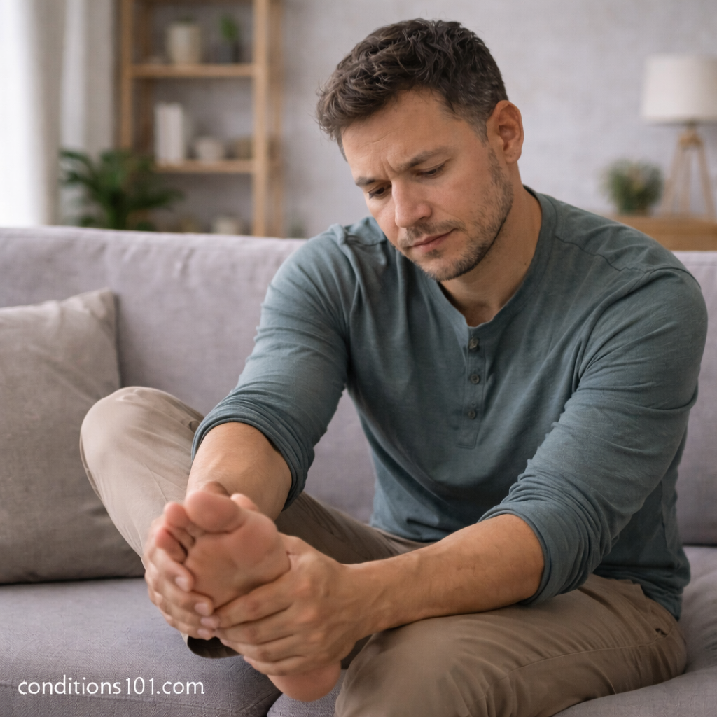 Middle-aged man sitting on a couch gently holding his foot with a thoughtful expression in a calm home setting, representing everyday sensory experiences related to small fiber neuropathy.