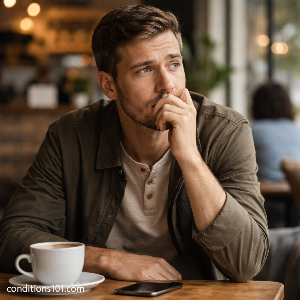 Adult man sitting in a coffee shop with a thoughtful expression, representing everyday social anxiety awareness in public settings.