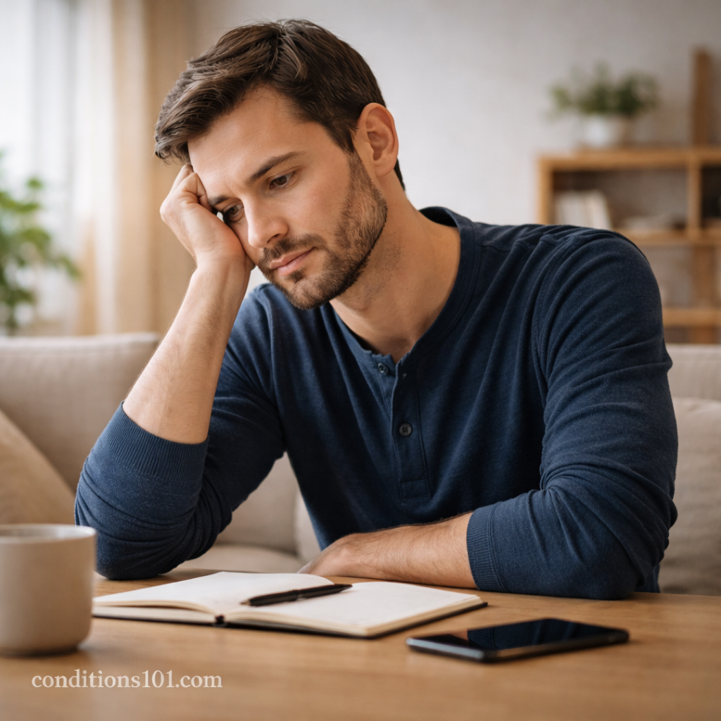 Adult man sitting thoughtfully at a table in a calm home setting, representing reflection and reduced social engagement in everyday life.