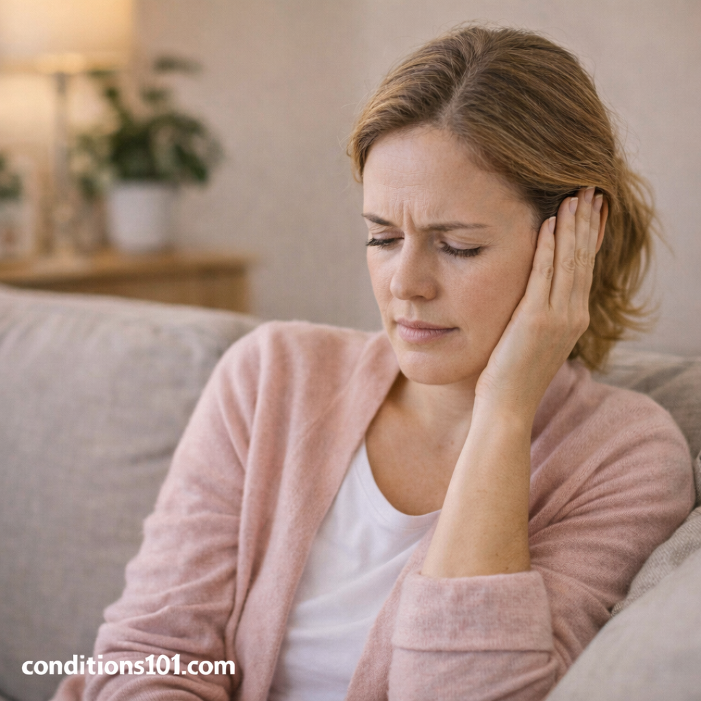 Adult woman in a calm everyday setting gently covering her ear, representing an educational overview of sound sensitivity.
