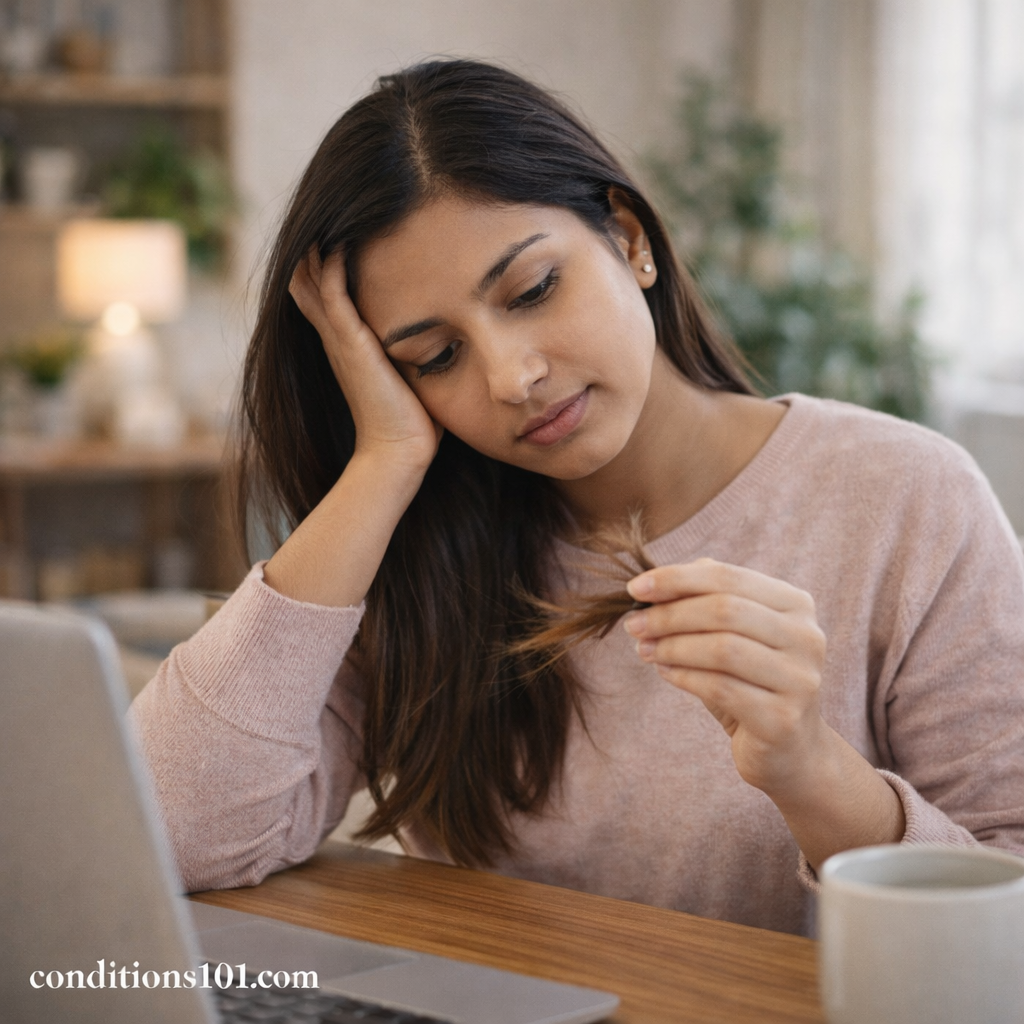 Adult woman examining the ends of her hair at a home desk, representing everyday awareness of split ends in an educational context.