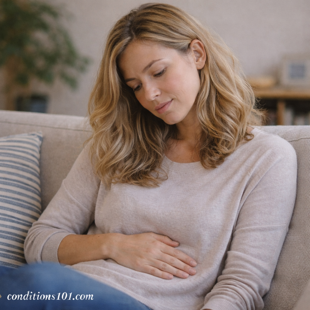An adult woman sitting on a couch with a calm, reflective expression during a quiet everyday moment.