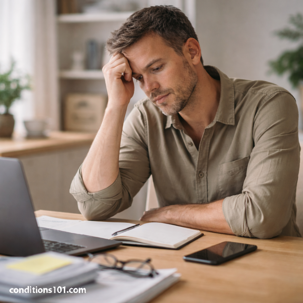 Man sitting at a home office desk resting his head on his hand, showing mental exhaustion and reflection associated with stress and burnout.