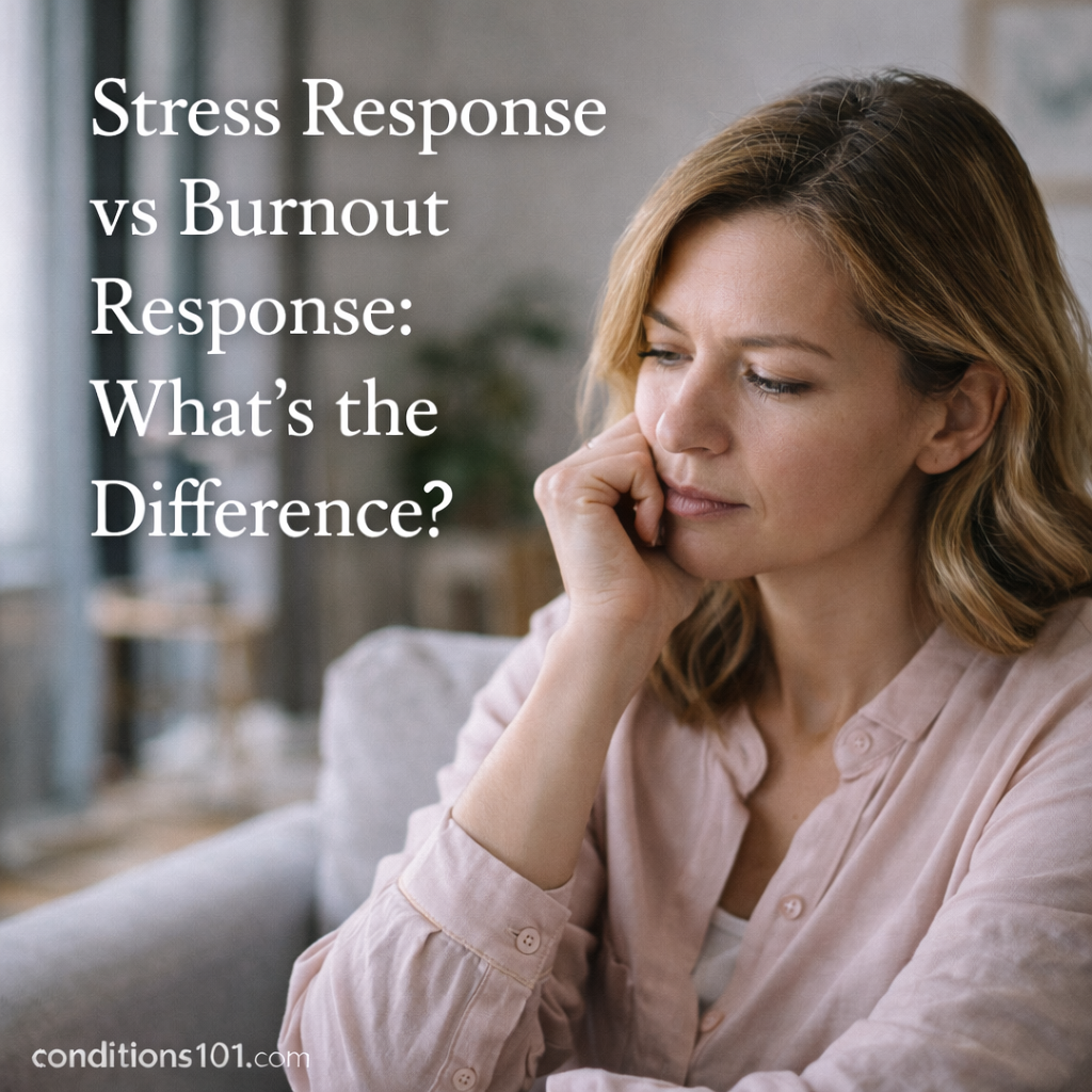 Adult woman sitting thoughtfully near a window in a calm home setting, representing stress response versus burnout response.
