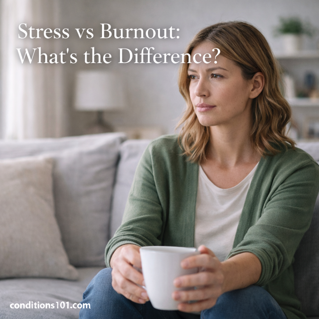 Woman sitting thoughtfully on a couch in a calm living room, representing an educational comparison between stress and burnout.