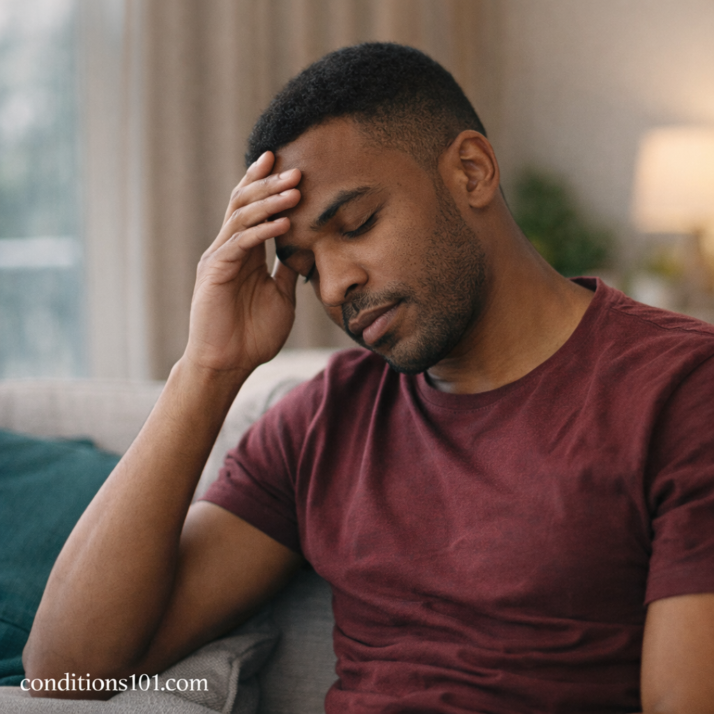 Adult person resting on a couch in a calm home setting, reflecting everyday experiences related to symptom awareness.