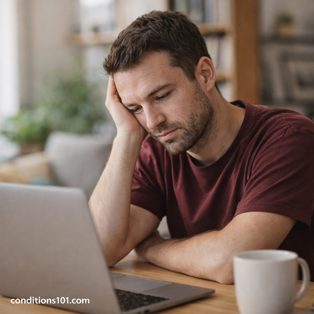 Adult person resting at a desk in a calm home environment, representing everyday experiences related to temporary health conditions.