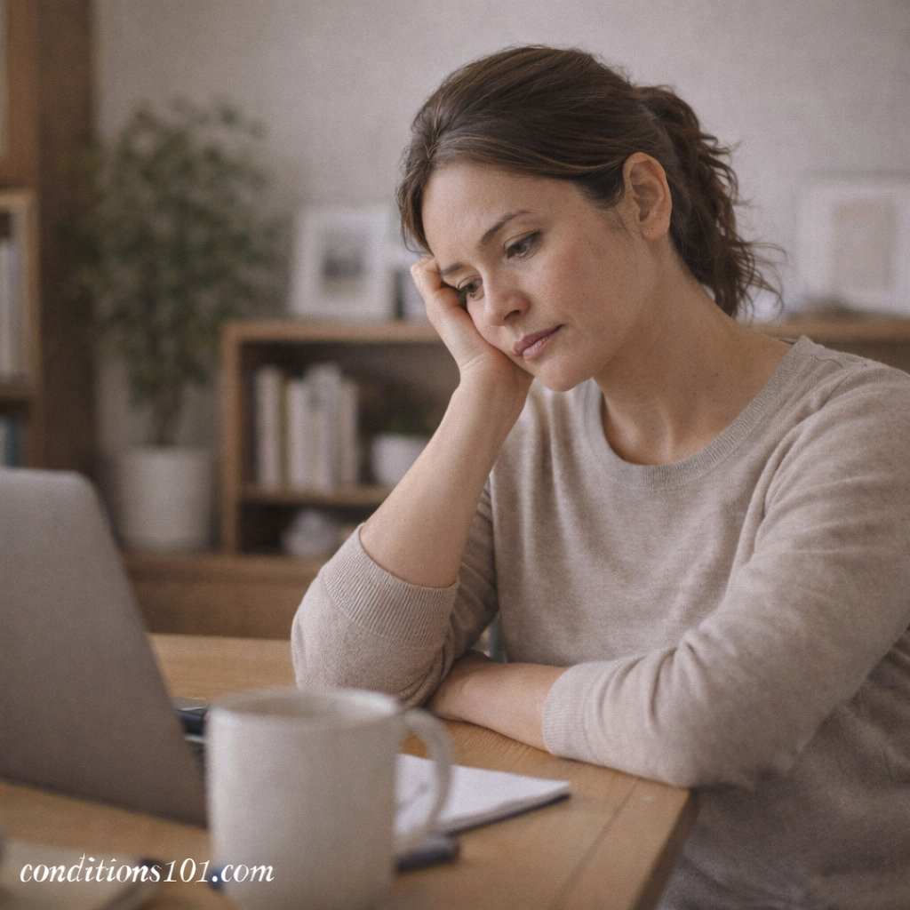An adult woman sitting at a home desk with a thoughtful expression during a quiet everyday moment.
