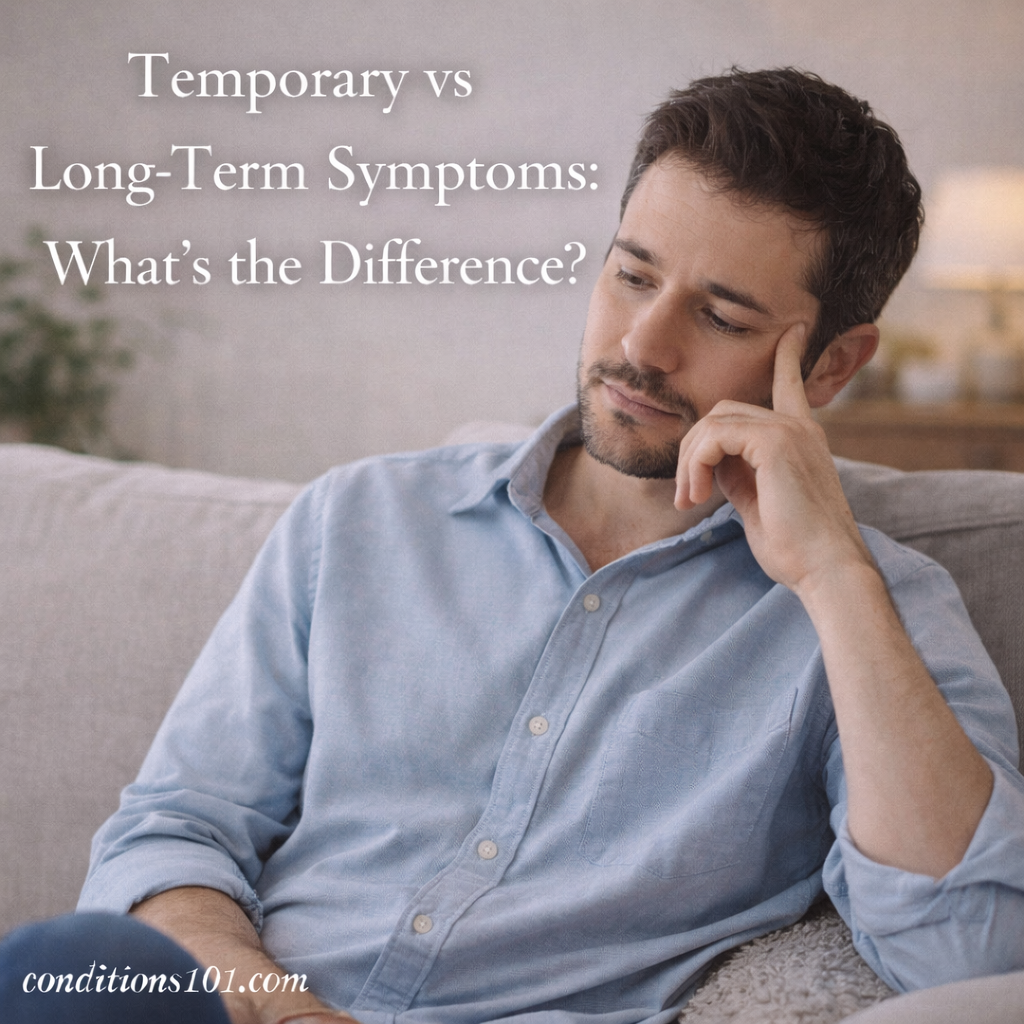 An adult man sitting on a couch with a thoughtful expression in a calm living room, representing reflection on temporary versus long-term symptoms.