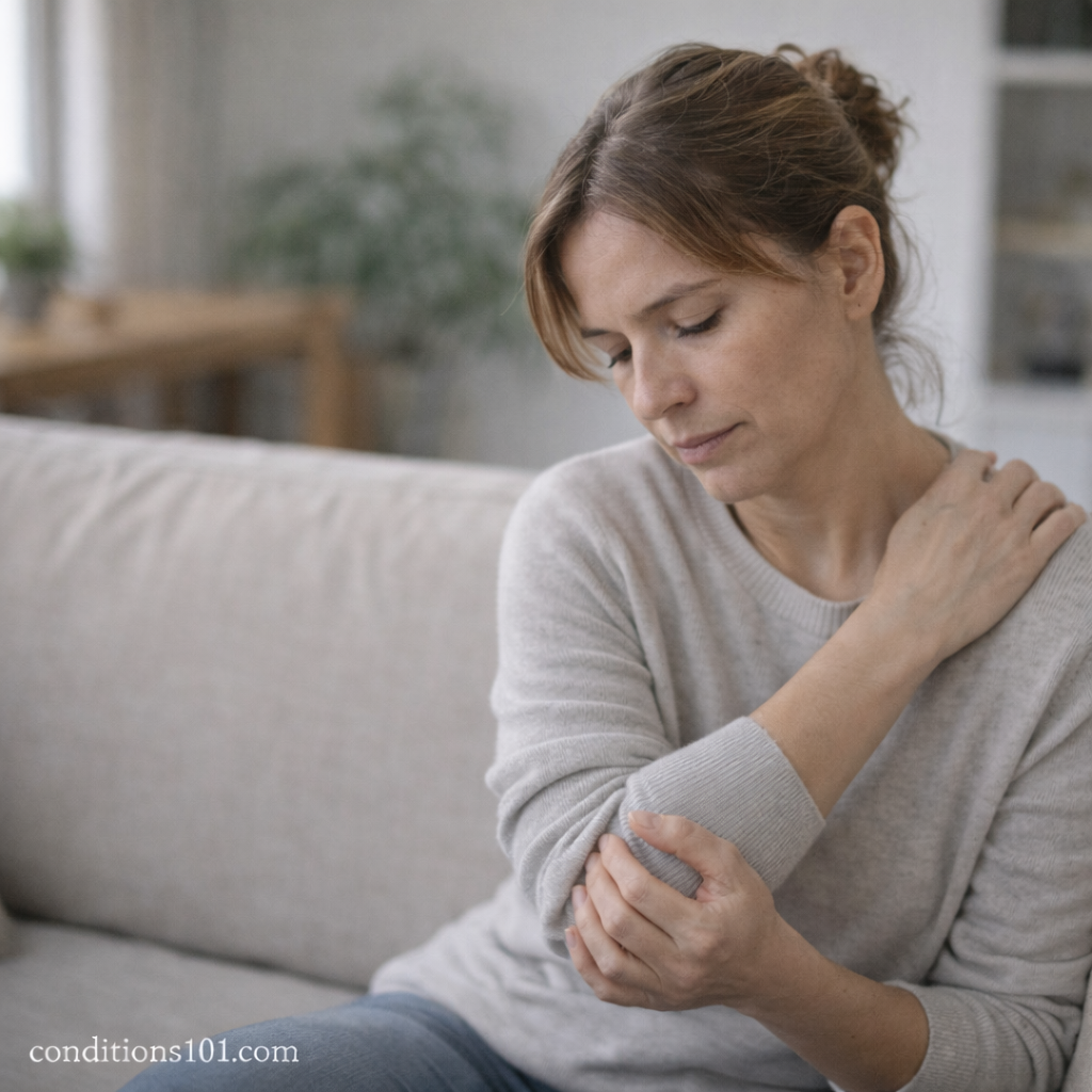 A middle-aged woman sitting on a couch gently holding her elbow, representing everyday joint and tendon discomfort commonly associated with tendonitis.