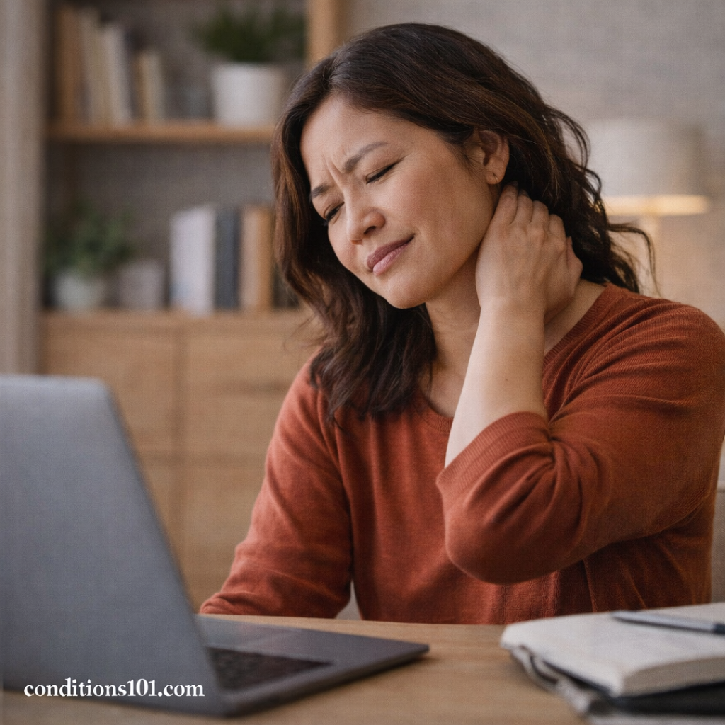 Adult woman sitting at a desk and gently holding her neck, illustrating everyday tension pain in a calm home office setting.