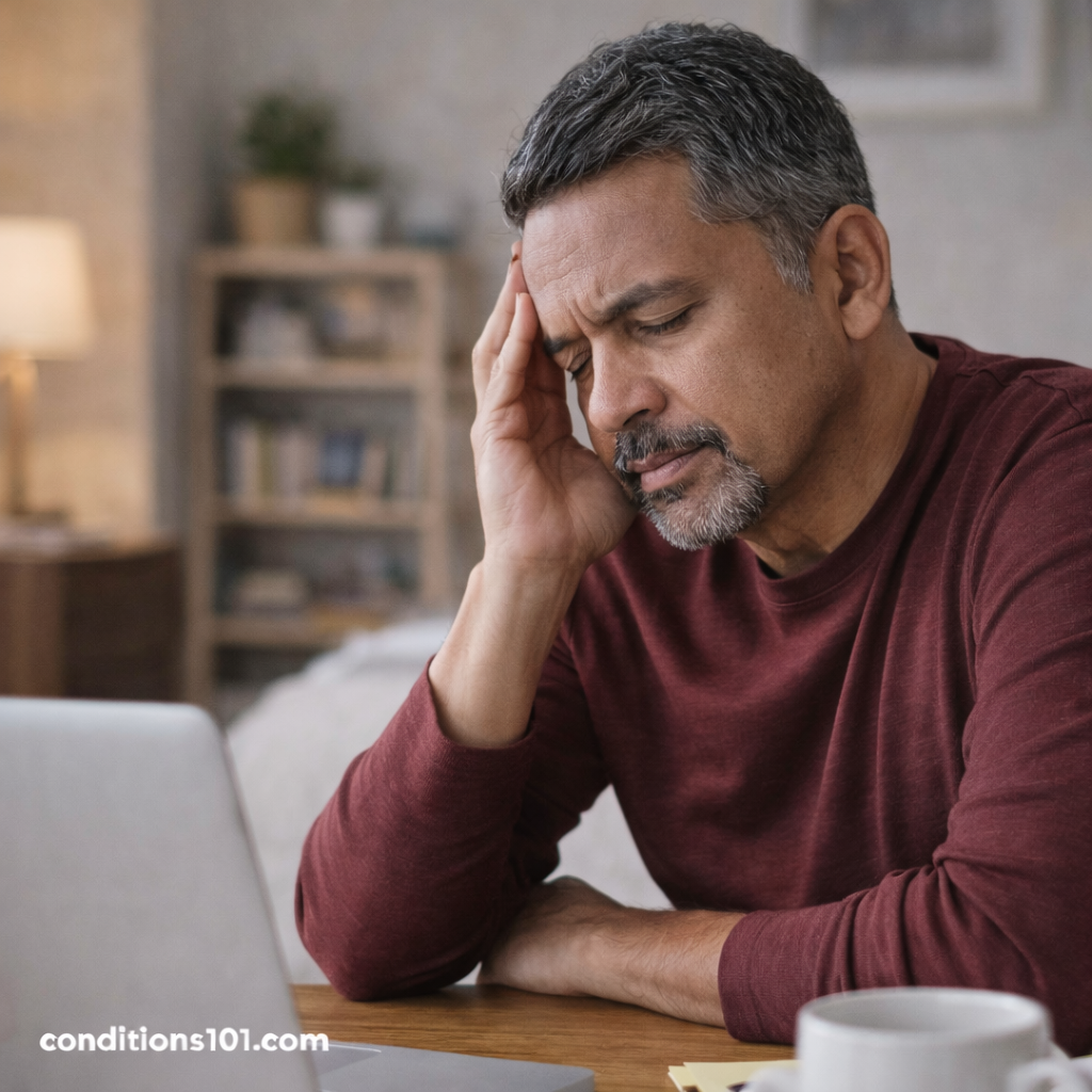 Man sitting at a desk in a home office with a focused expression, representing everyday life with tinnitus.