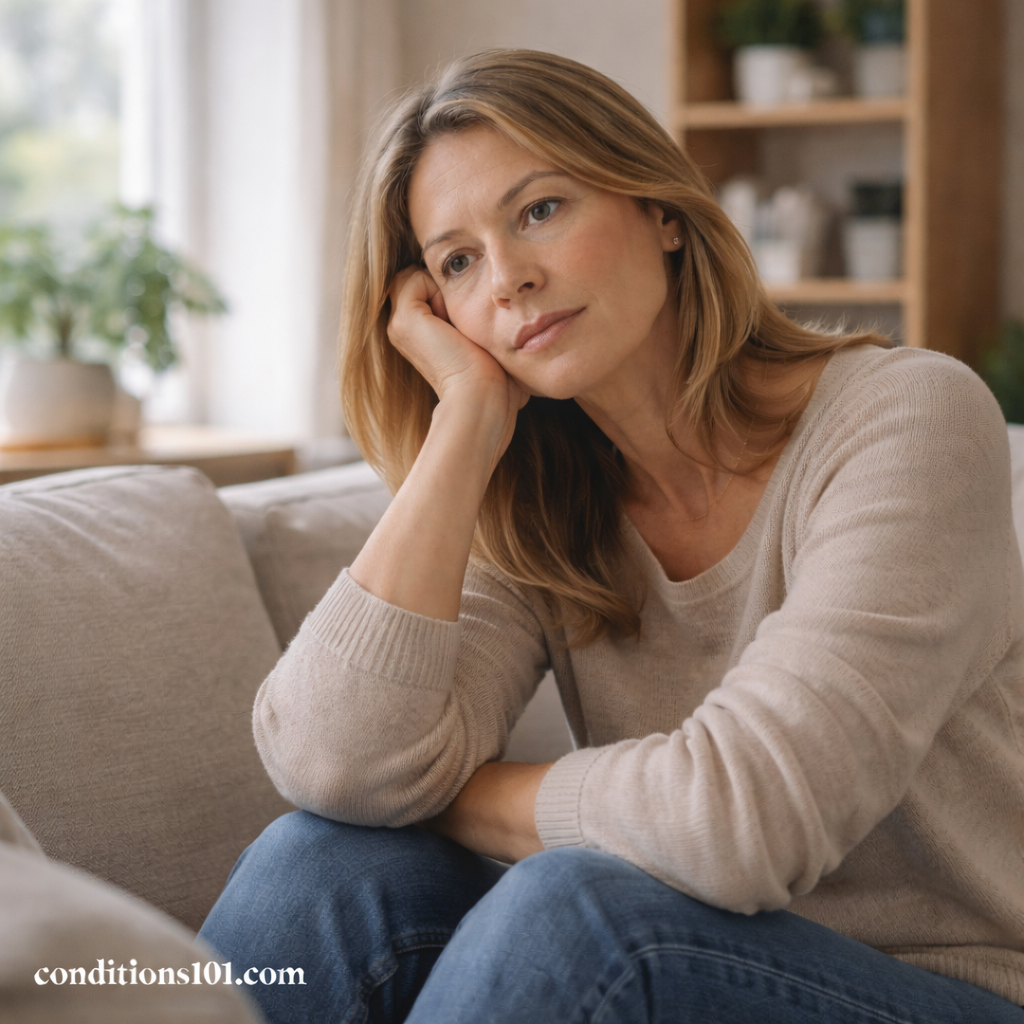 A middle-aged woman sitting thoughtfully on a couch in a calm living room, representing uncertainty around an undiagnosed condition.