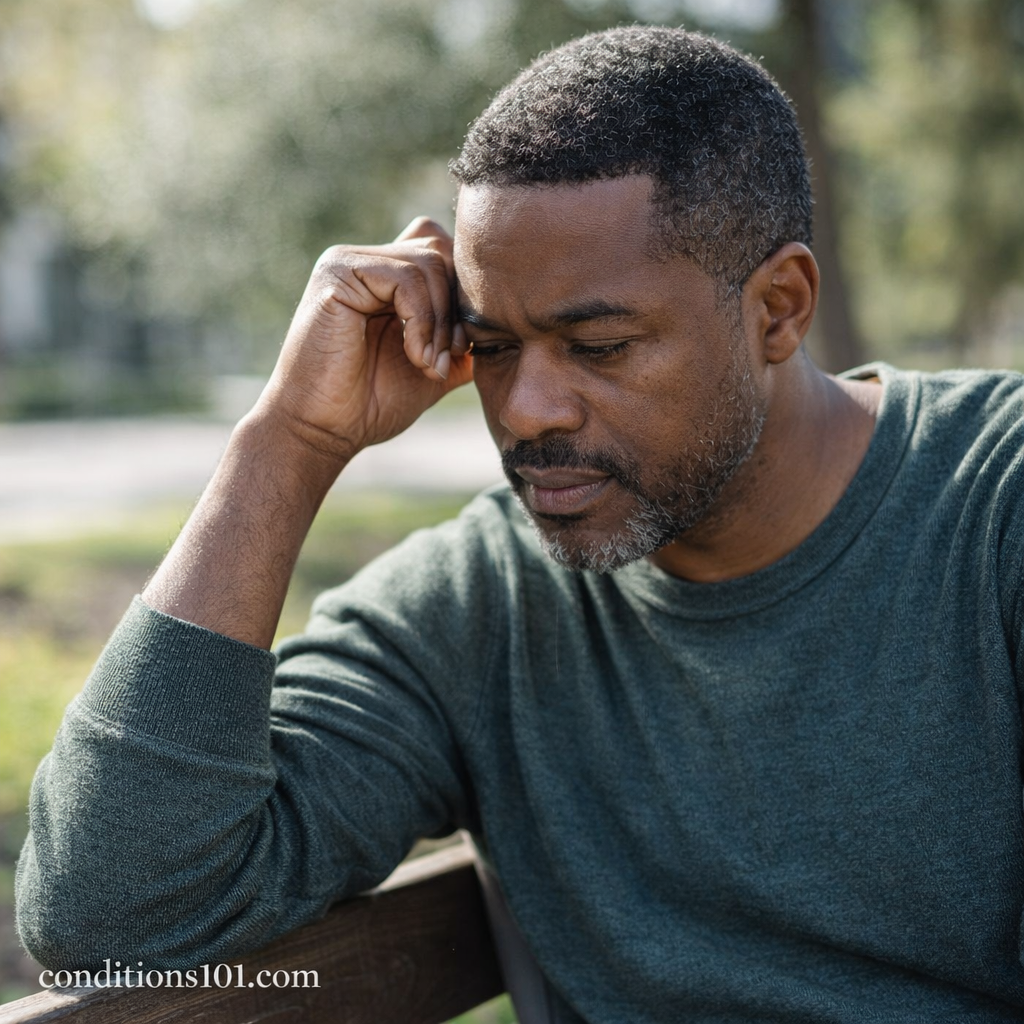 Middle-aged man sitting outdoors on a park bench, appearing thoughtful, representing everyday factors that can influence uneven skin tone.