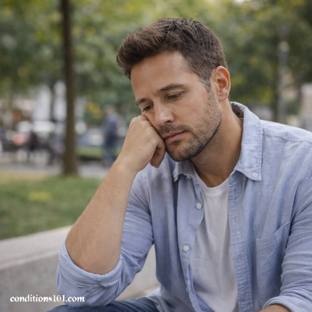 Adult man sitting outdoors in a park with a thoughtful expression, representing reflection related to unexplained weight gain.