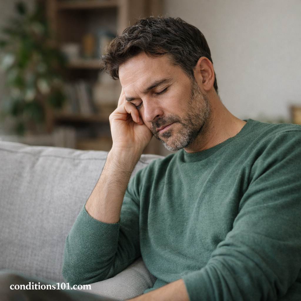 Adult man resting on a couch in a calm home setting, appearing thoughtful and mildly tired in an everyday moment.