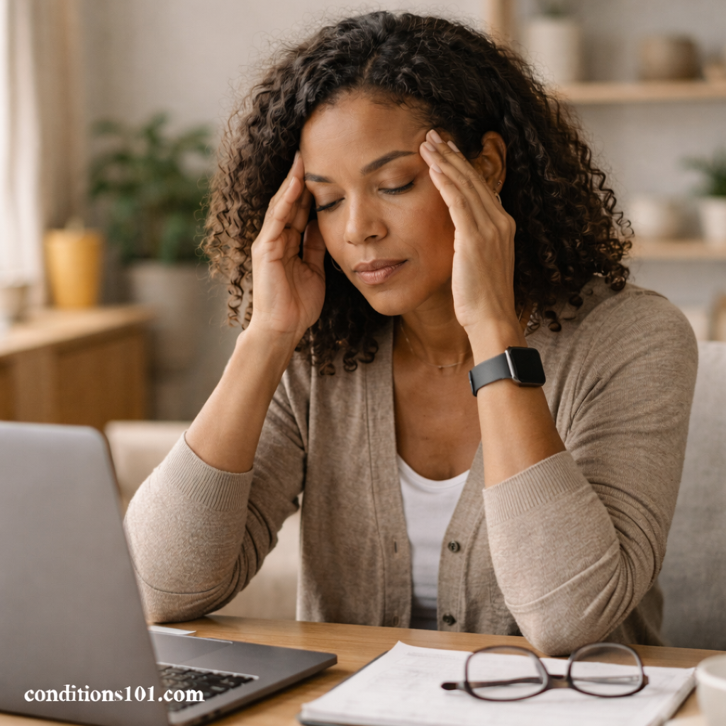 Adult woman sitting at a desk with a thoughtful expression, pausing during daily work in an educational article about visual disturbance.