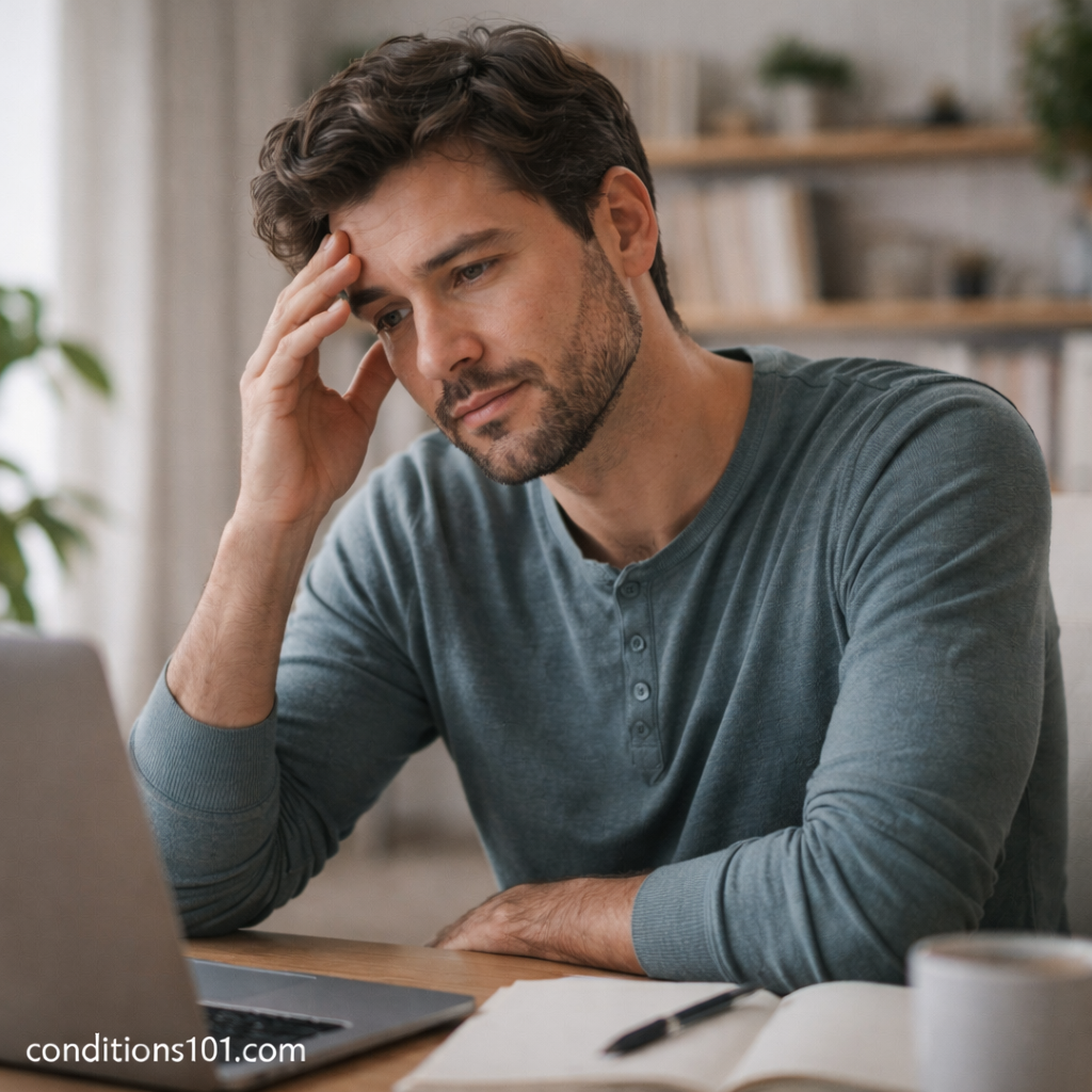 Adult man sitting at a home office desk with a focused, reflective expression, representing general awareness of visual perception differences.