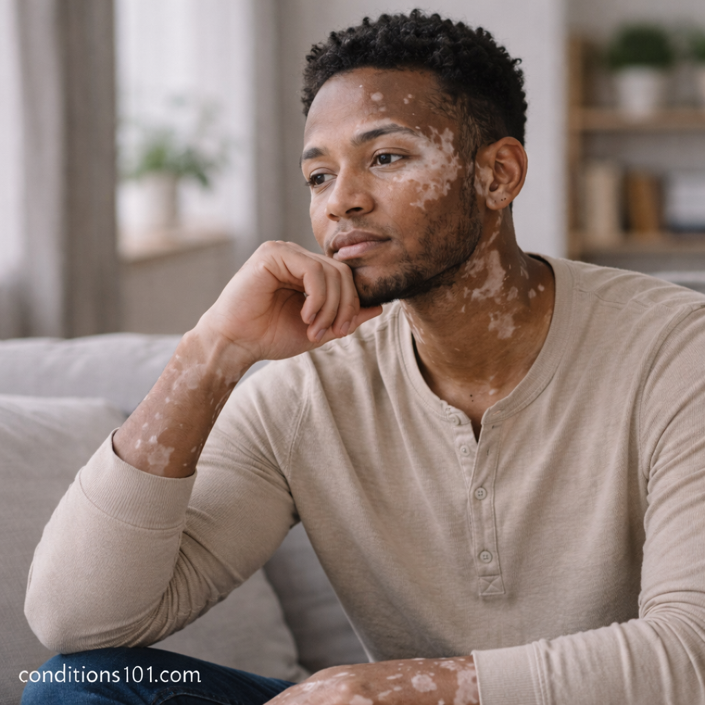 Adult man with visible vitiligo sitting on a couch in a calm home setting, representing everyday experiences associated with vitiligo.
