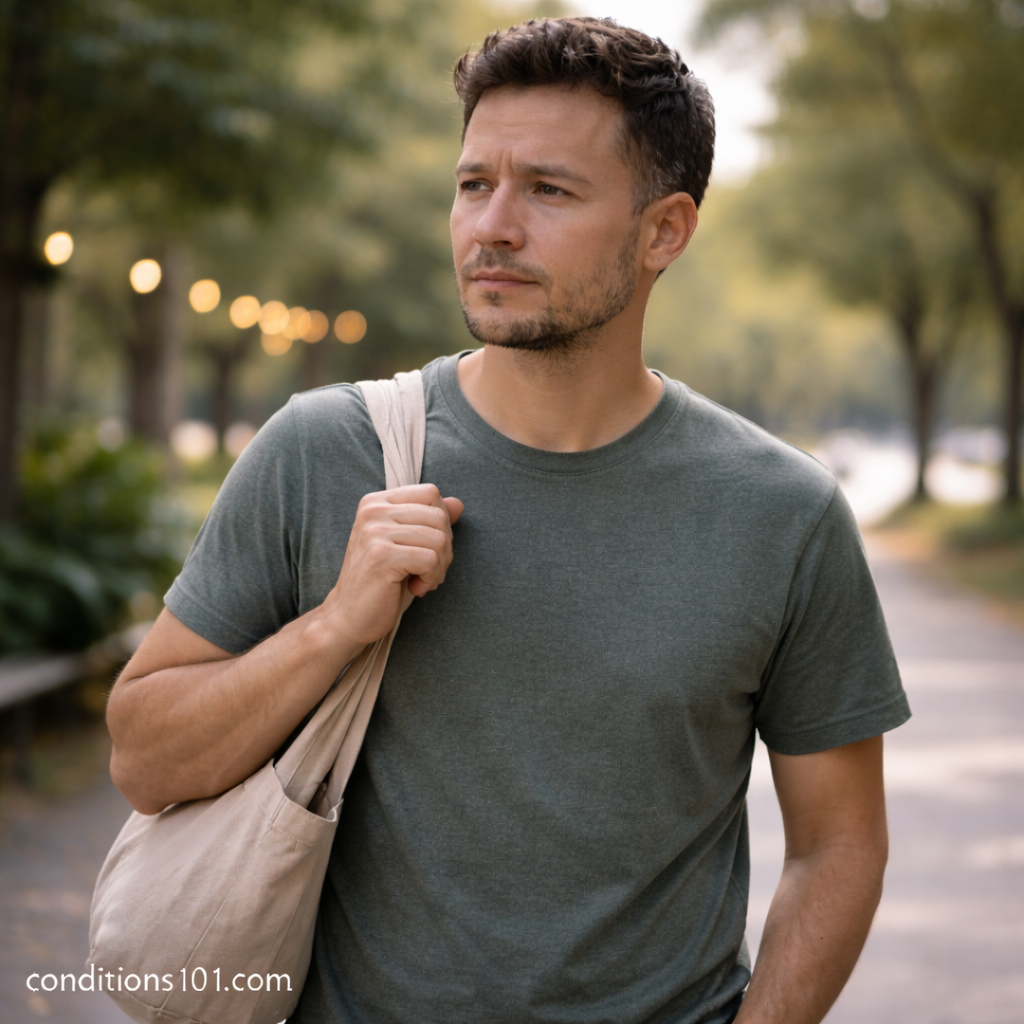 Adult man walking outdoors with a thoughtful expression during a calm everyday moment, representing reflection during a weight plateau.