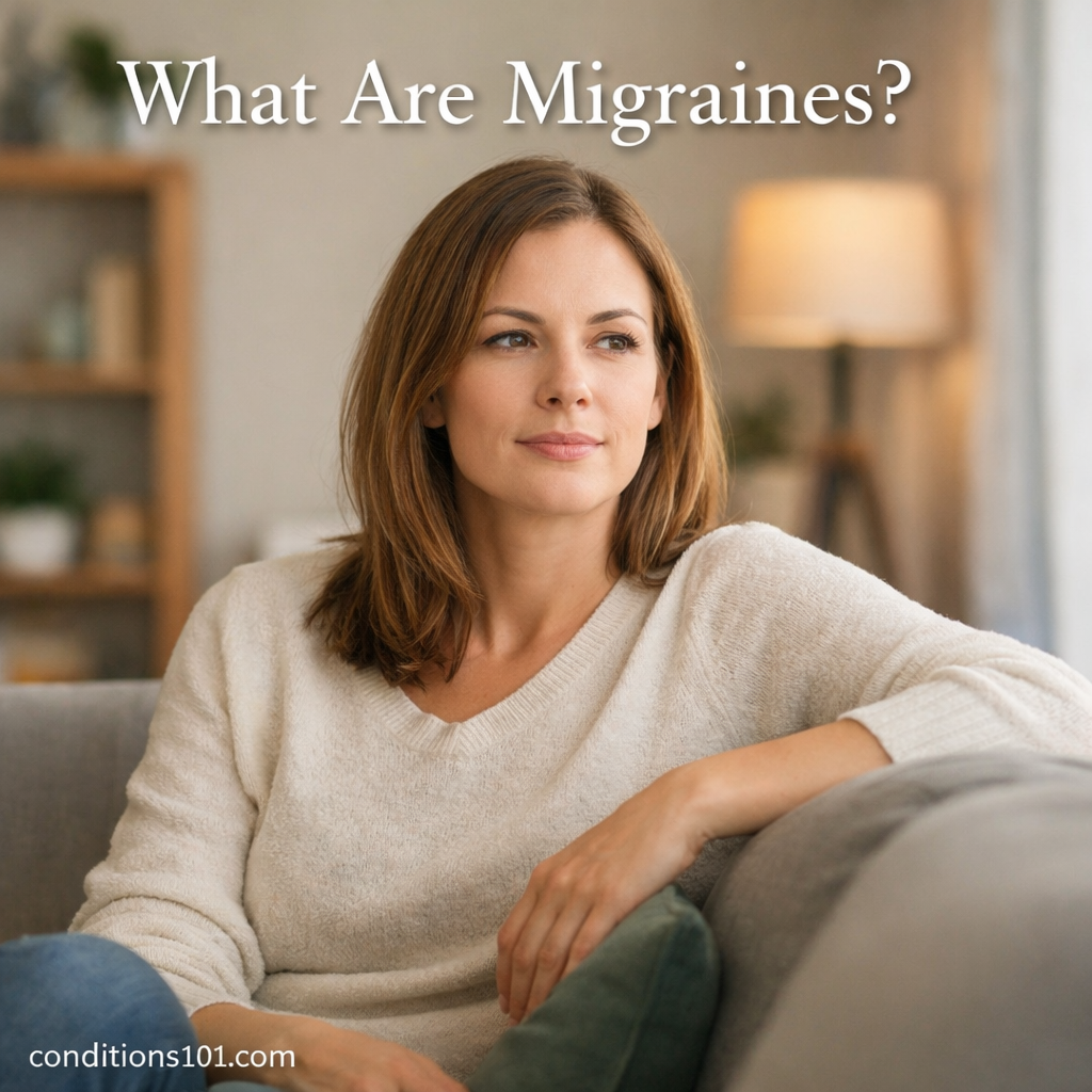 Adult person sitting calmly in a living room setting with a thoughtful expression, representing an educational overview of what migraines are.