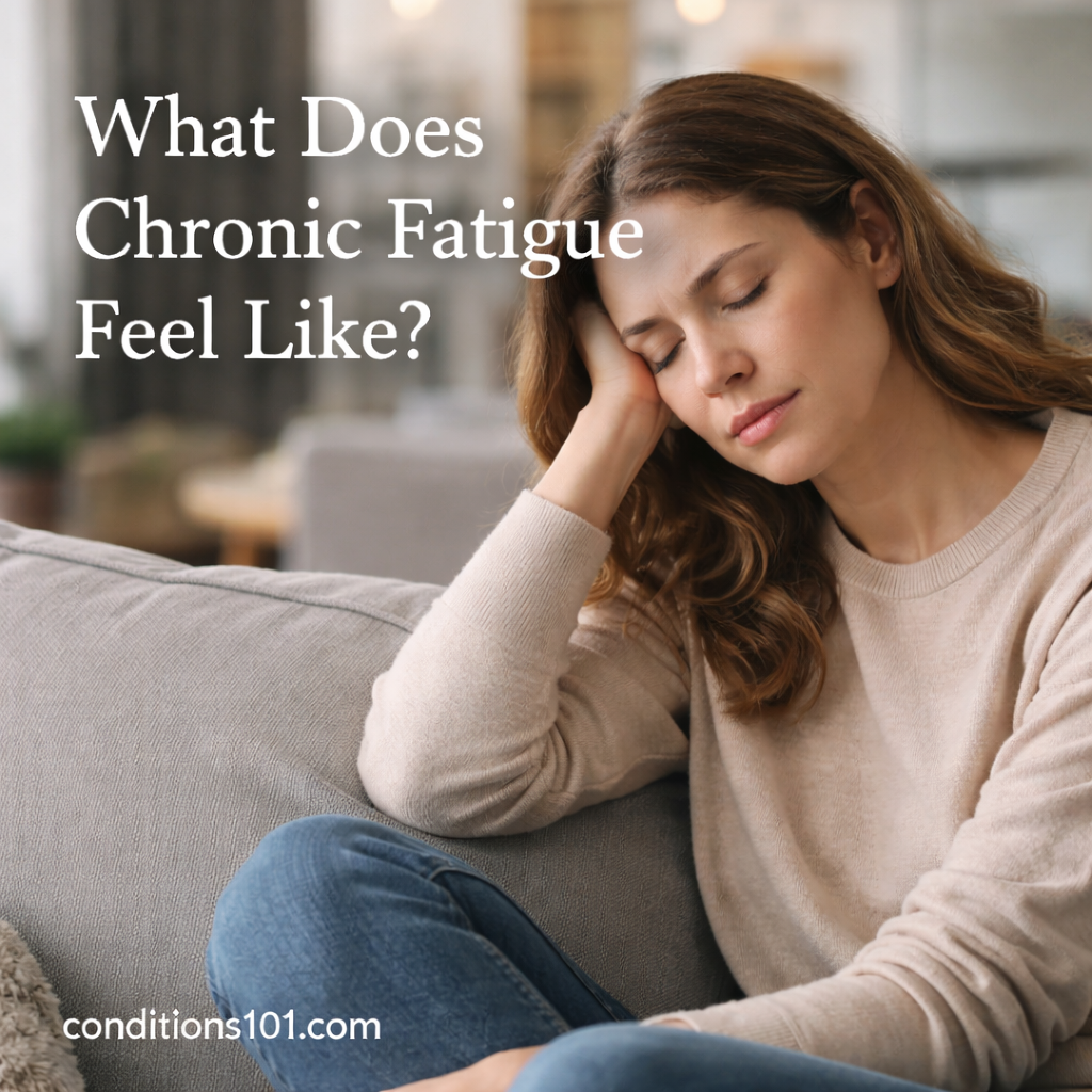 Adult woman resting on a couch in a calm living room during a quiet moment of fatigue for an educational article about chronic fatigue.