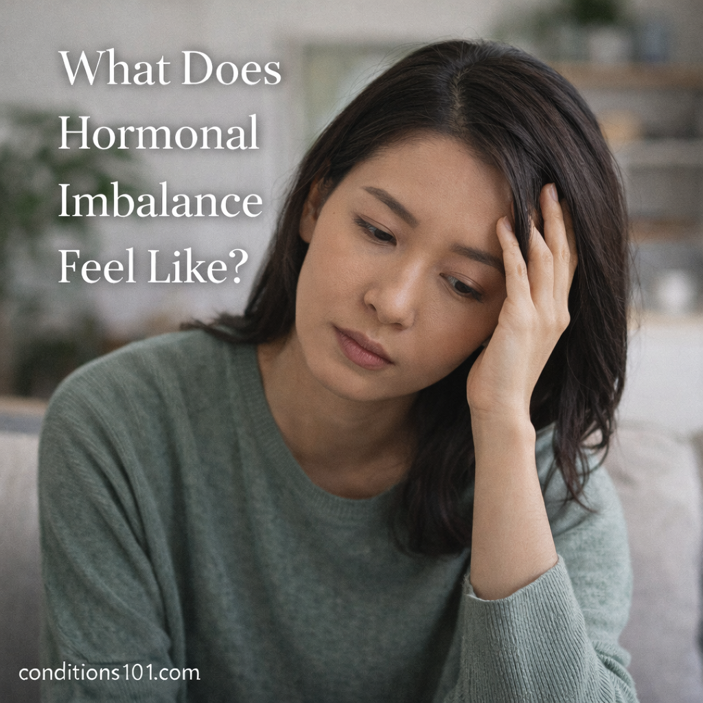 Adult woman sitting thoughtfully in a calm home setting, representing an educational overview of how hormonal imbalance may feel.