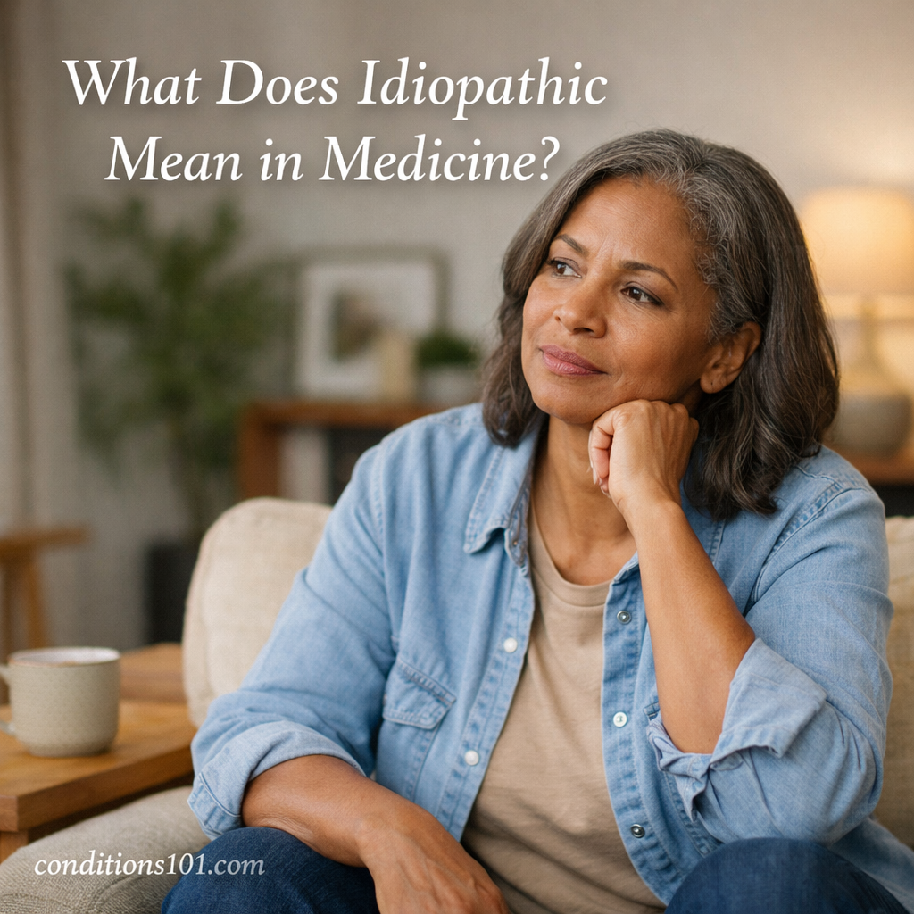 Adult person seated in a calm home setting, thoughtfully reflecting on the meaning of idiopathic in medicine.