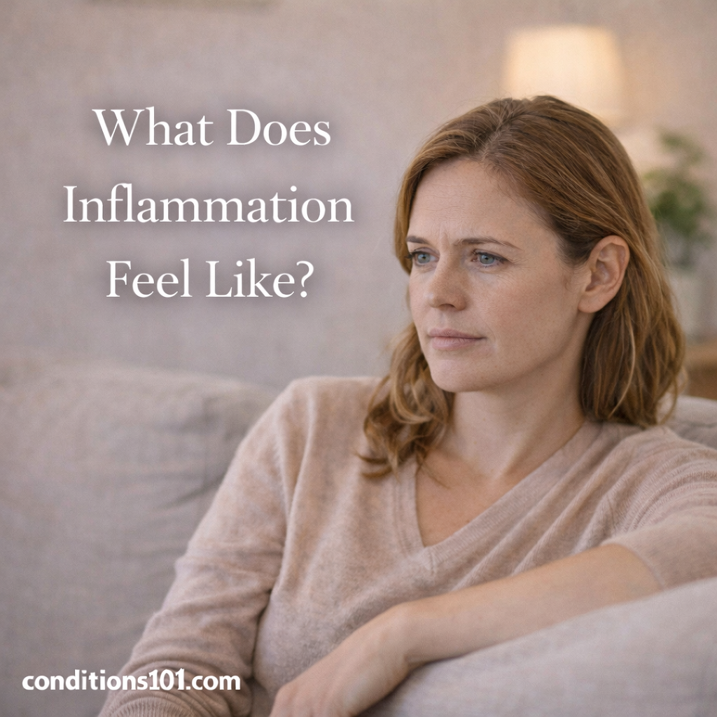 Adult woman in a calm everyday setting with a thoughtful expression, representing an educational overview of what inflammation feels like.