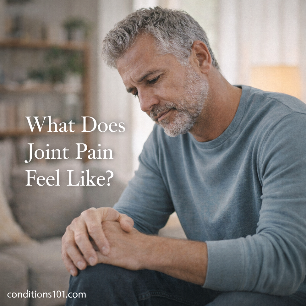 Older man sitting in a calm living room holding his knee with a thoughtful expression, representing an educational overview of joint pain sensations.