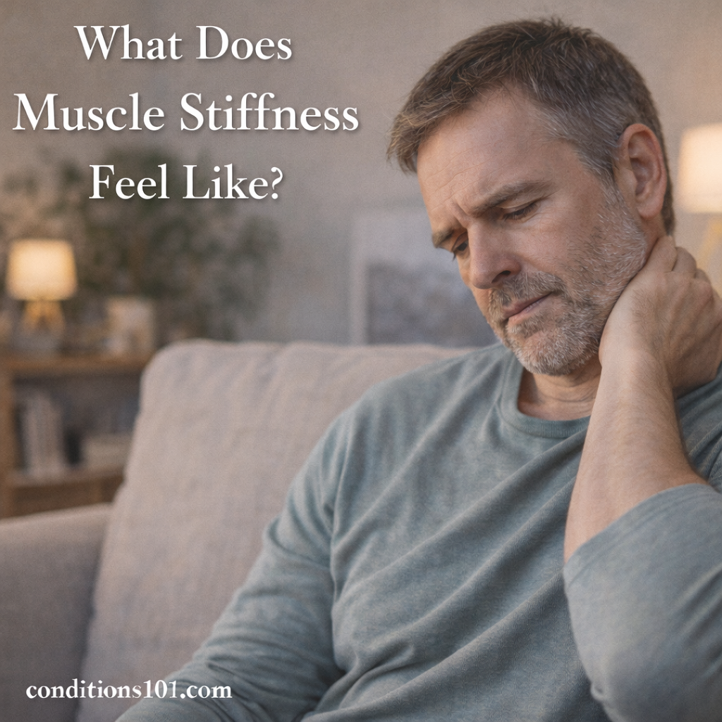 Middle-aged man sitting on a couch in a calm home setting, gently holding his neck with a thoughtful expression, representing muscle stiffness.