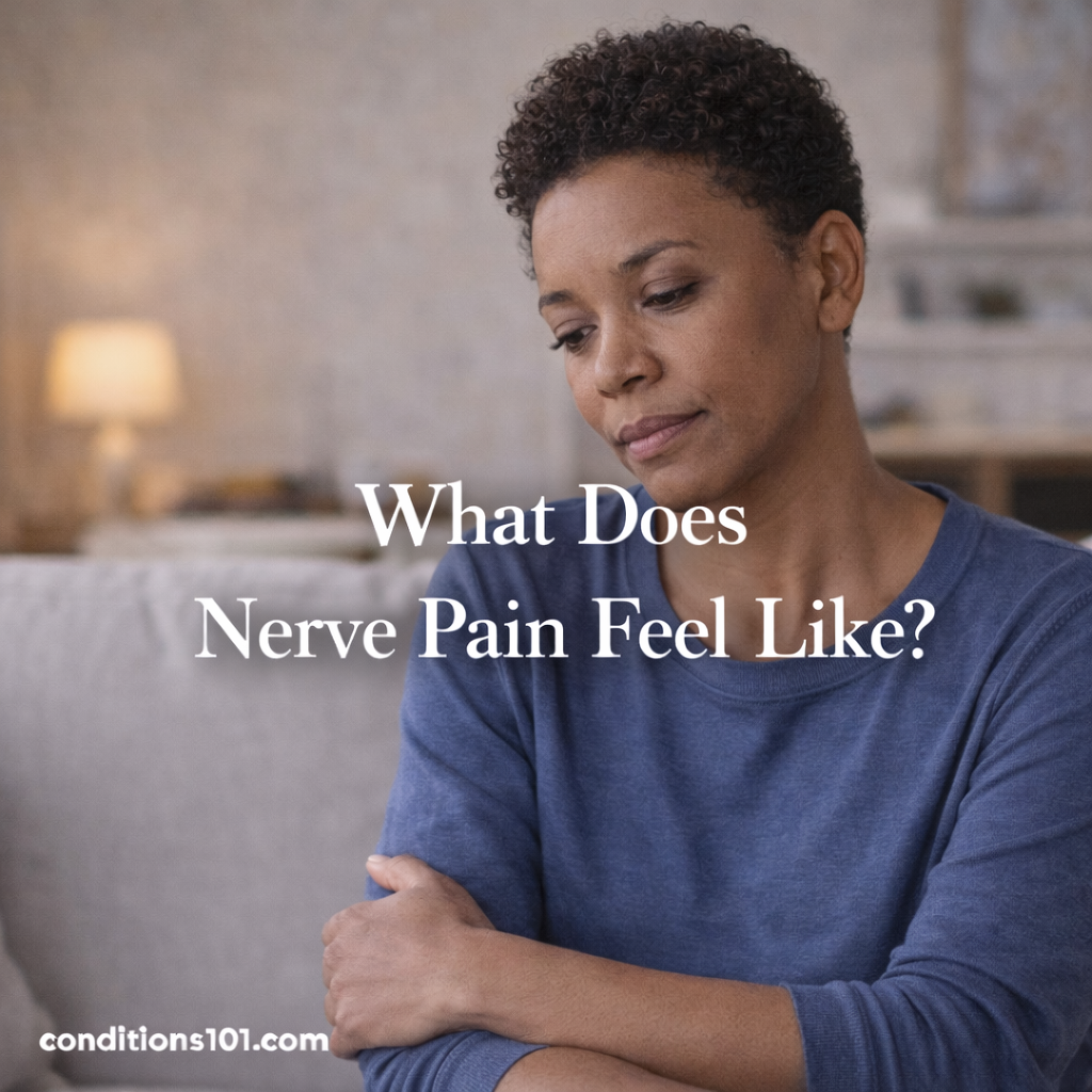 Woman sitting on a couch in a calm home setting with a thoughtful expression, representing an educational overview of nerve pain sensations.