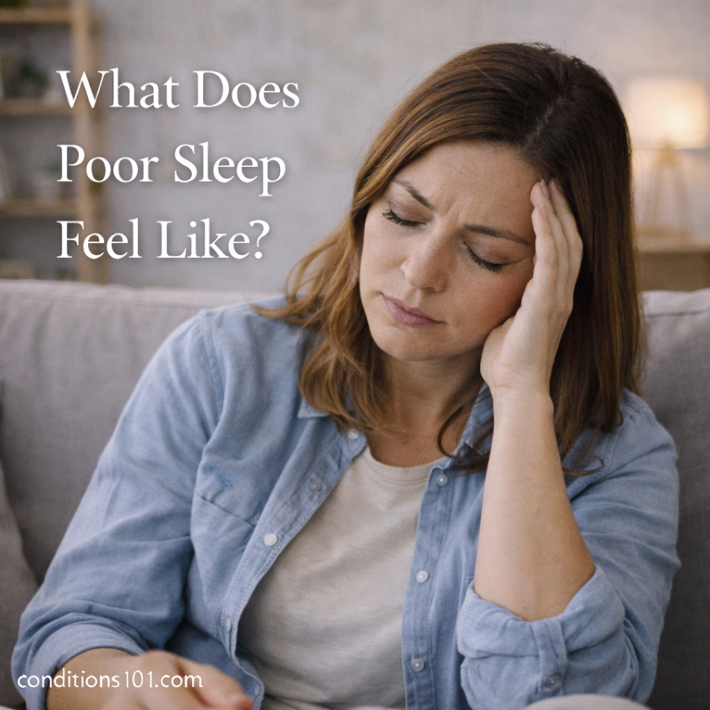 Adult woman resting on a couch with a tired, thoughtful expression in a calm home setting, representing an educational overview of how poor sleep can feel.