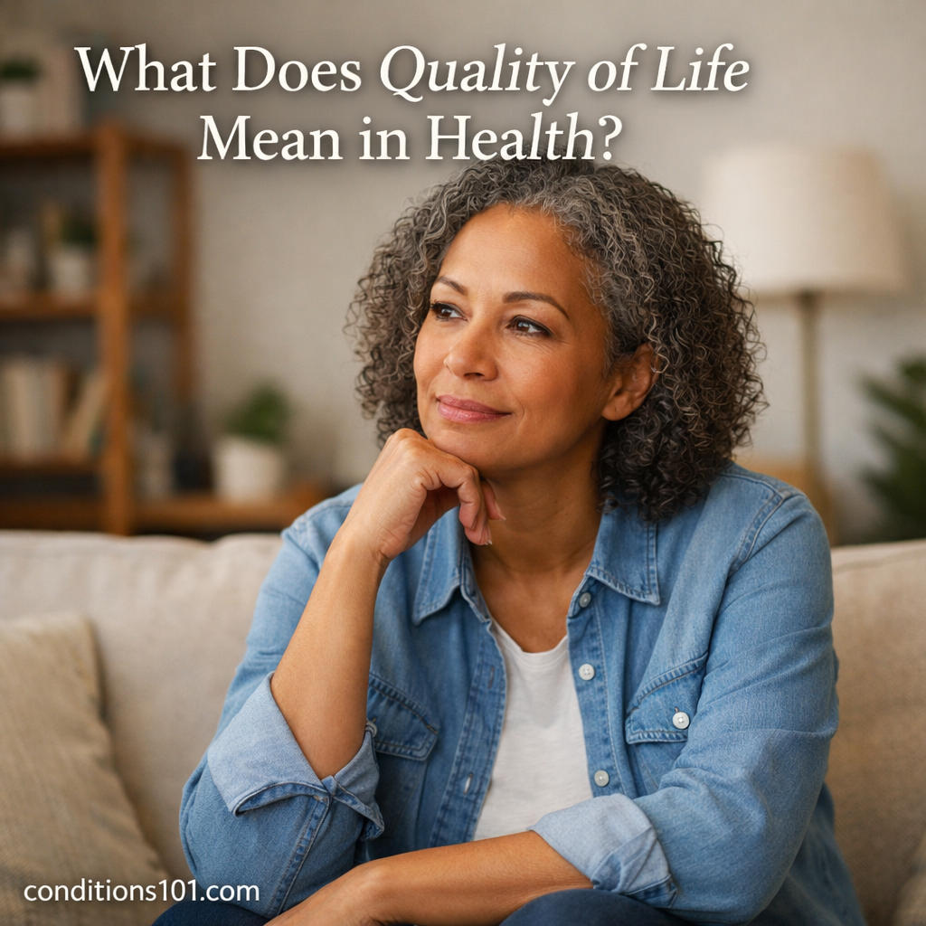 Adult woman sitting in a calm living room environment, thoughtfully reflecting on overall well-being and quality of life in health.
