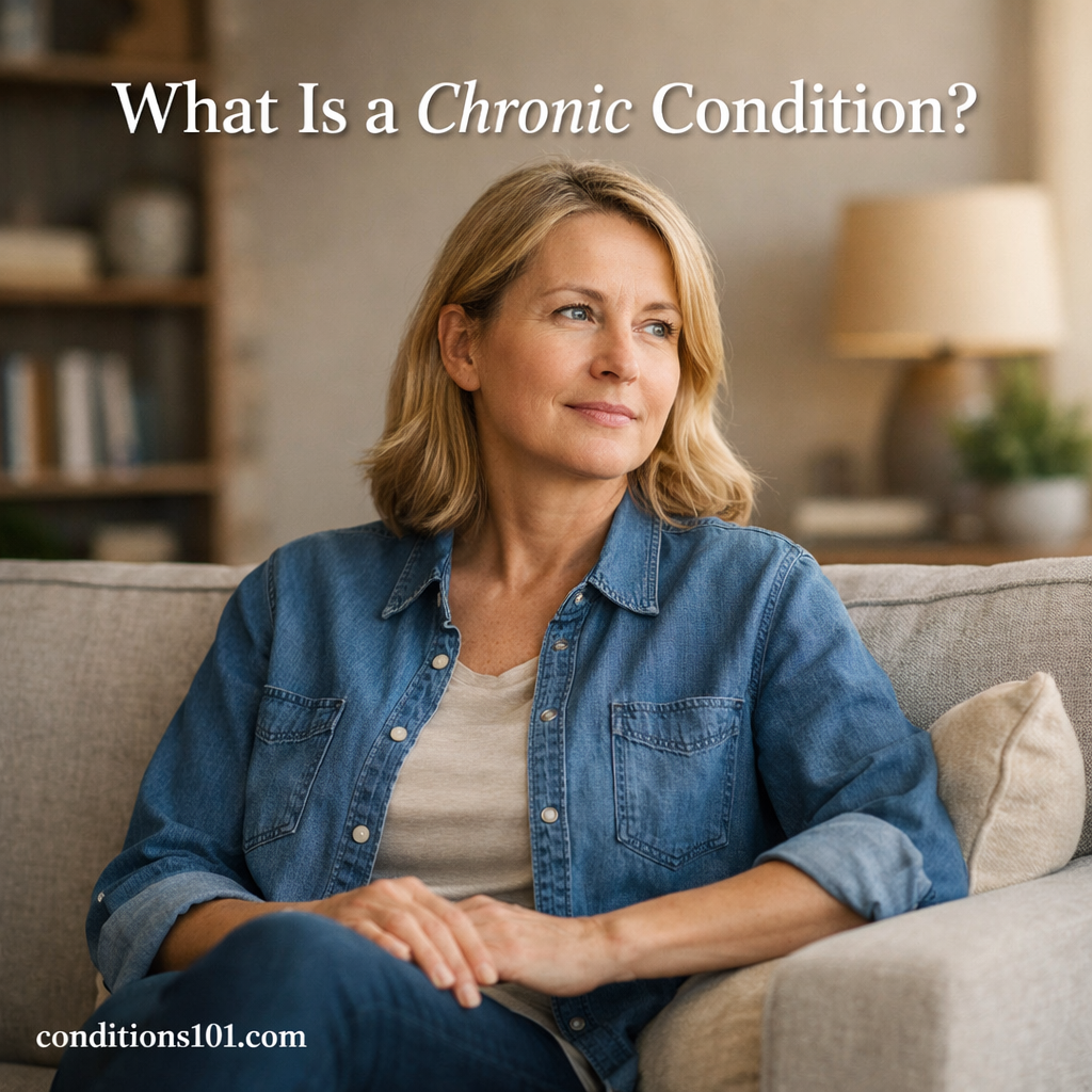 Adult woman sitting calmly in a living room, representing an educational article about what a chronic condition is.