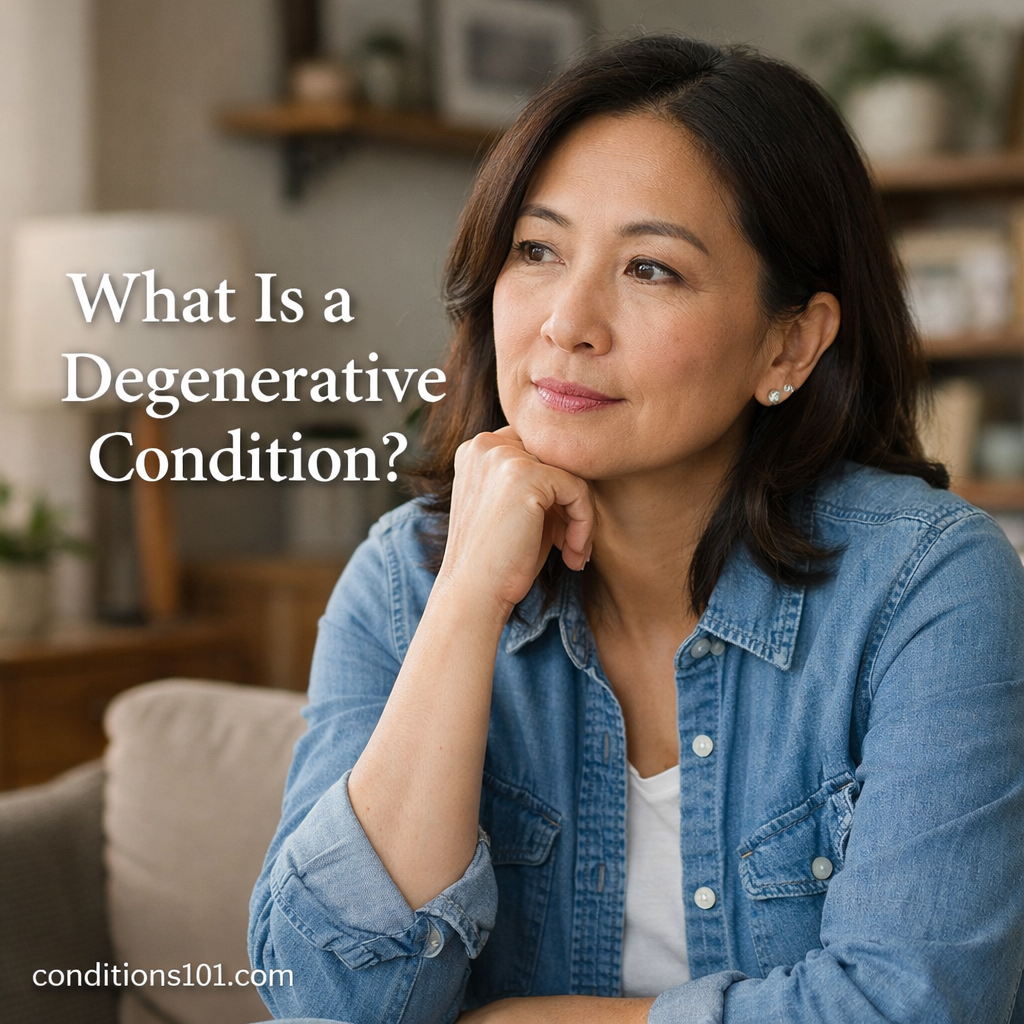 Adult person sitting thoughtfully in a calm home setting, representing an educational overview of what a degenerative condition is.