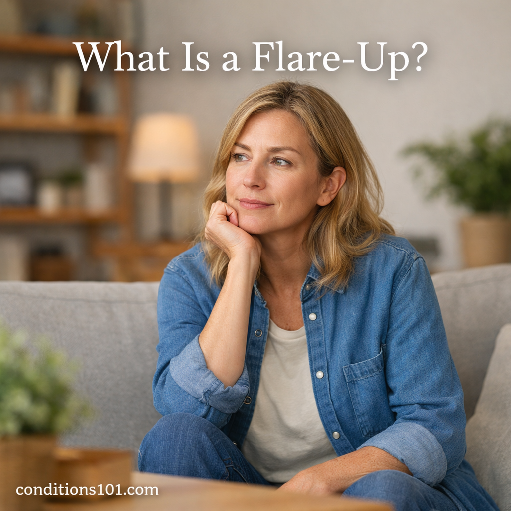 Adult woman sitting calmly in a living room with a thoughtful expression, representing an educational explanation of what a flare-up is in general health contexts.