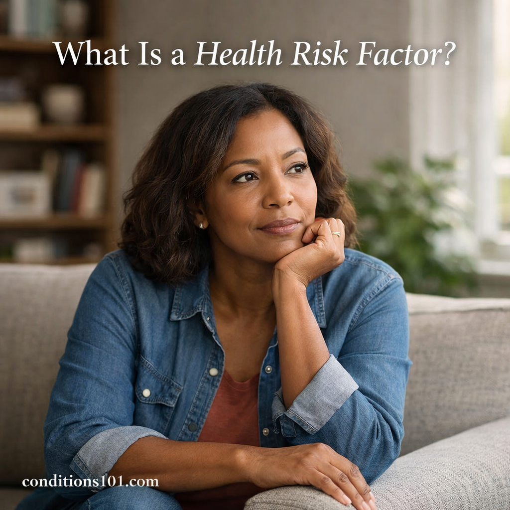 An adult woman sitting thoughtfully in a living room, representing an educational overview of what a health risk factor is.