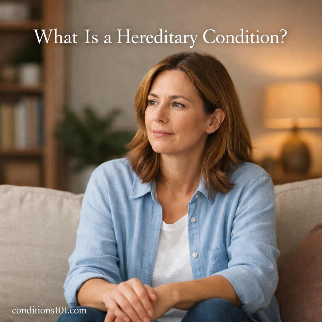 An adult woman sitting thoughtfully in a calm living room setting representing an educational article about hereditary conditions.