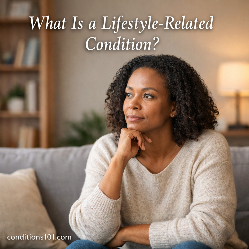 Adult person sitting calmly in a home setting, representing an educational explanation of what a lifestyle-related condition is.