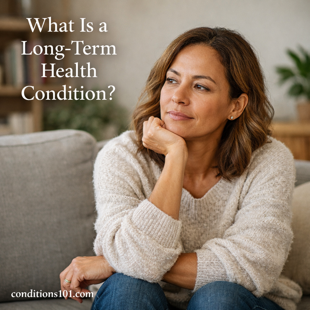 Adult person sitting in a calm home setting, thoughtfully focused, representing long-term health conditions.