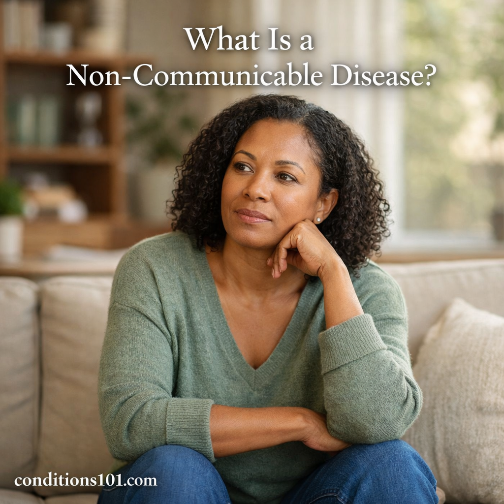 Adult person sitting calmly in a living room, reflecting on the concept of non-communicable diseases in an educational health context.