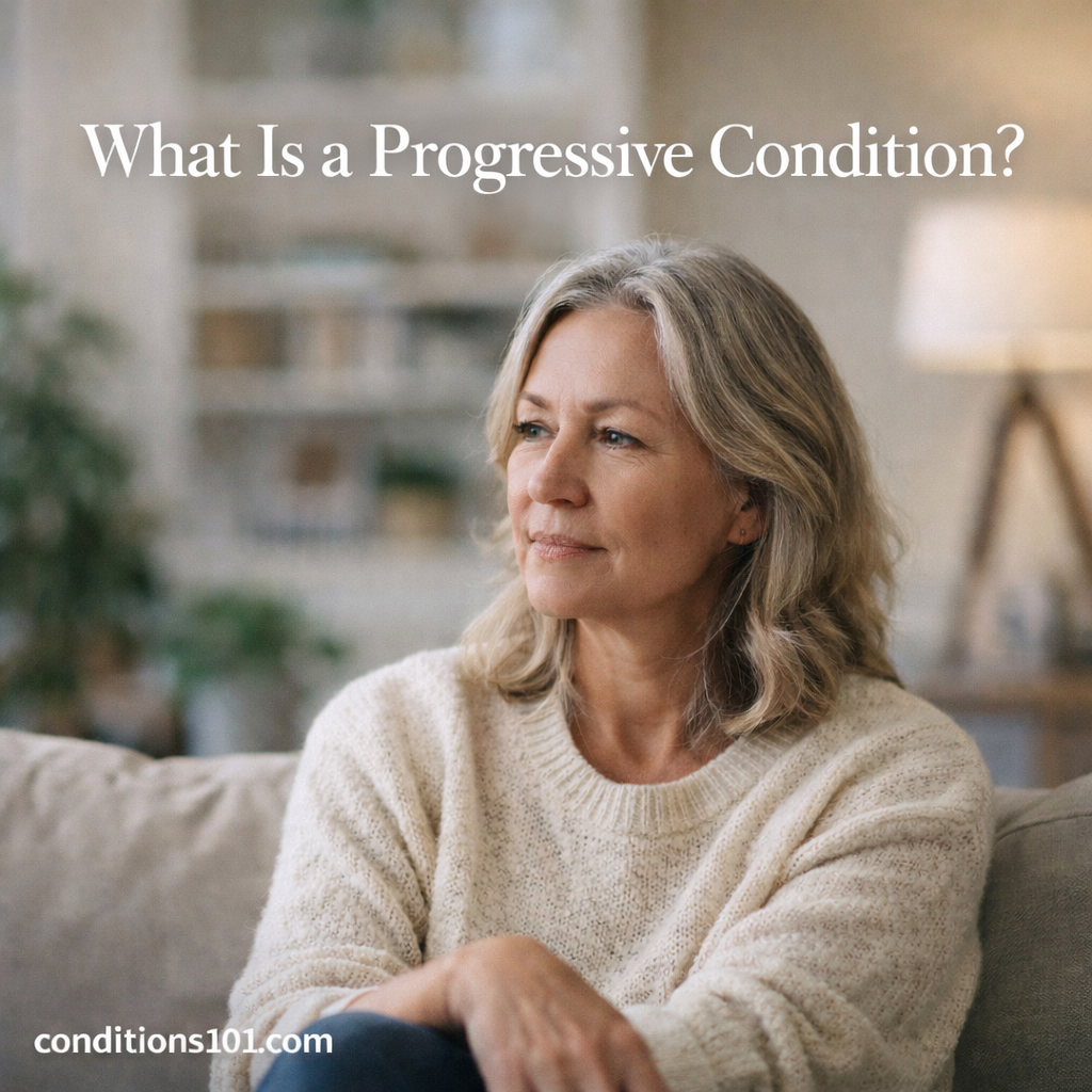 Adult woman sitting calmly in a living room with thoughtful expression, representing an educational article explaining what a progressive condition is.