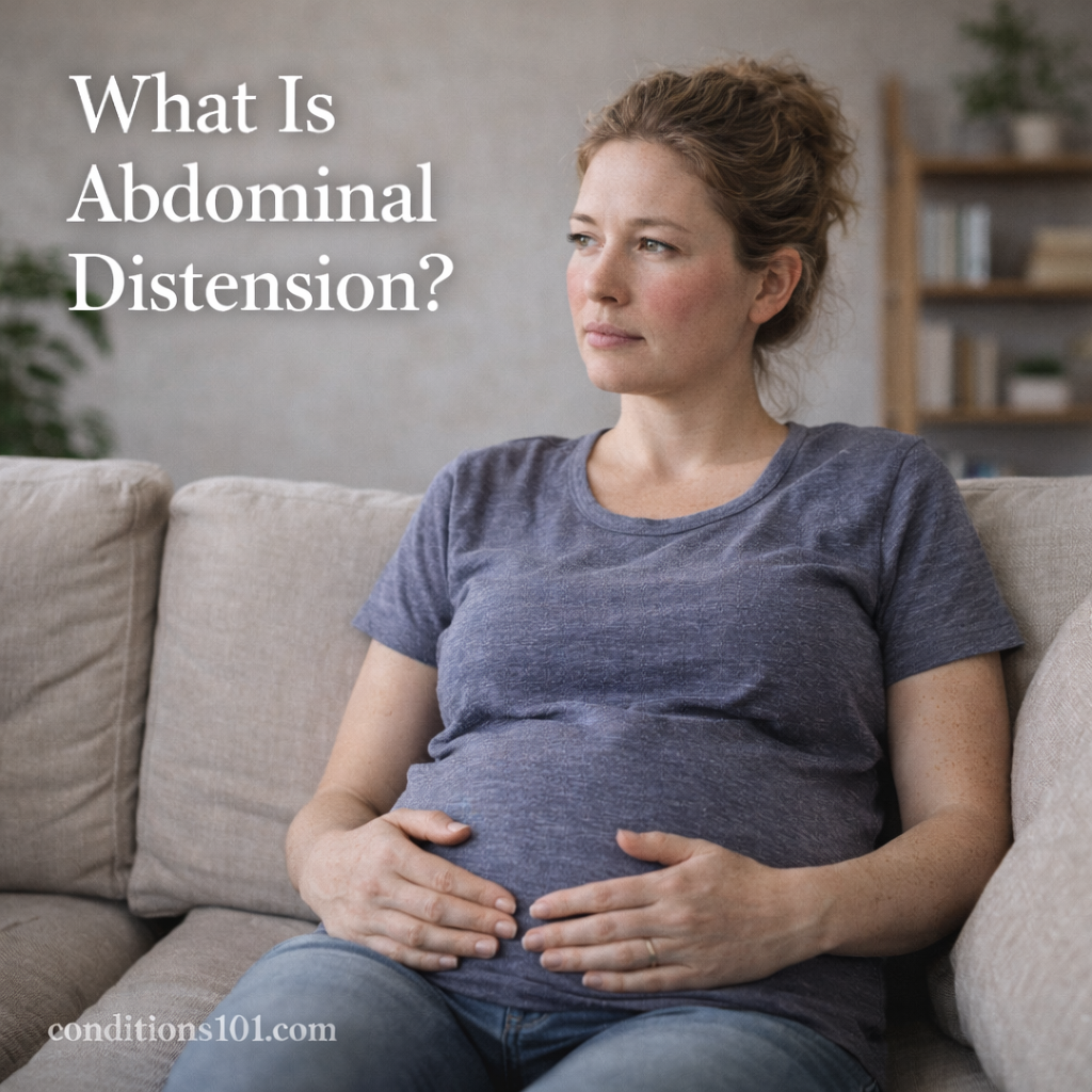 Adult woman sitting on a couch with a neutral expression and a visibly rounded abdomen in a calm home setting, representing abdominal distension.