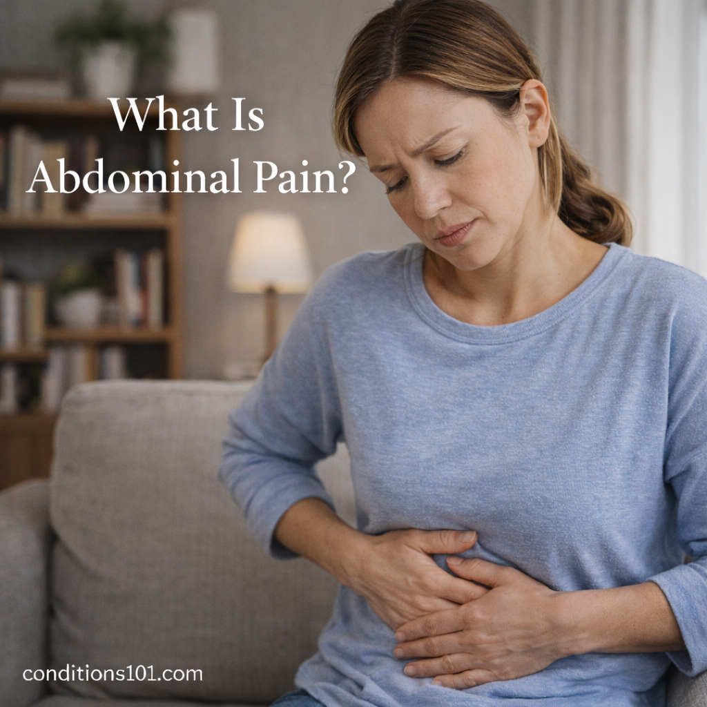 Adult woman sitting on a couch in a calm home setting with hands resting on her abdomen, representing an educational explanation of abdominal pain.
