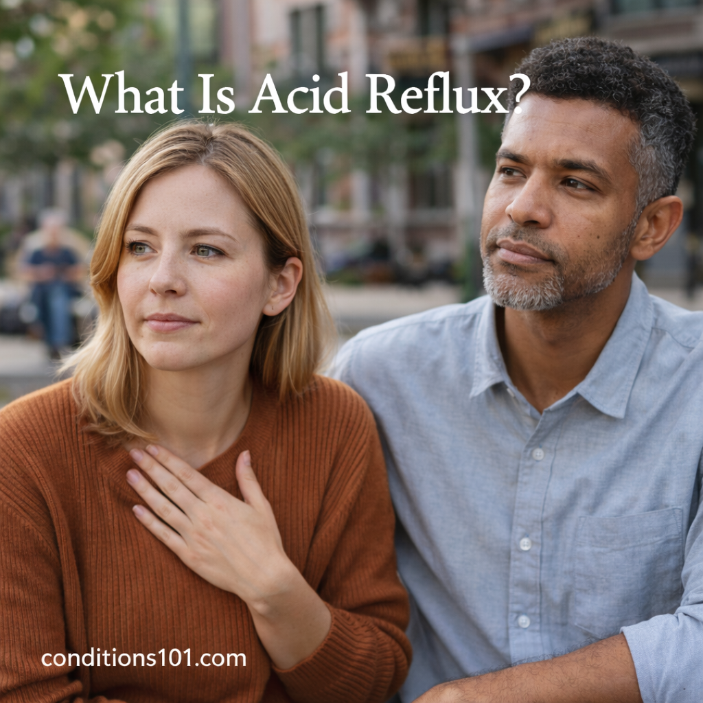 Two adults sitting outdoors in a calm everyday setting for an educational article explaining what acid reflux is.