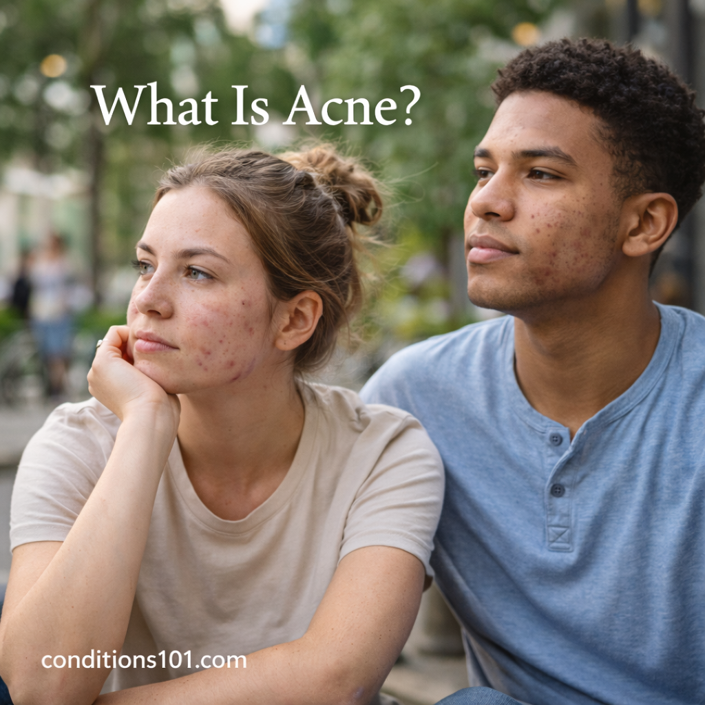 Young adults sitting outdoors in a calm everyday setting for an educational article explaining what acne is.