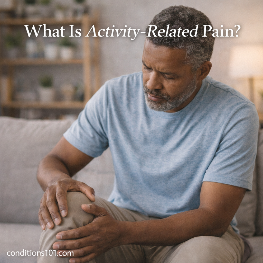 Man sitting on a couch gently holding his knee, illustrating common physical discomfort associated with activity-related pain.