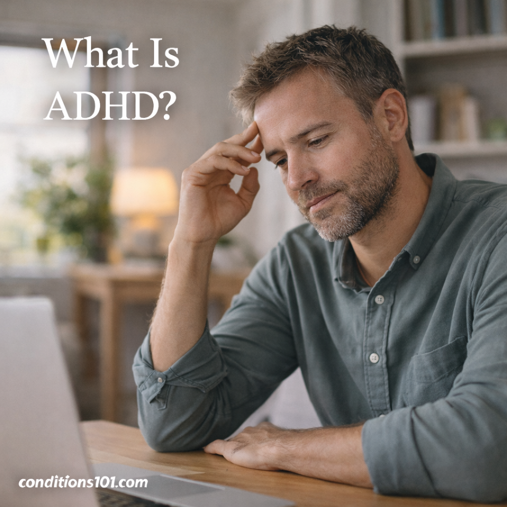 Adult man sitting at a table in a calm home setting with a thoughtful expression, representing an educational overview of what ADHD is.