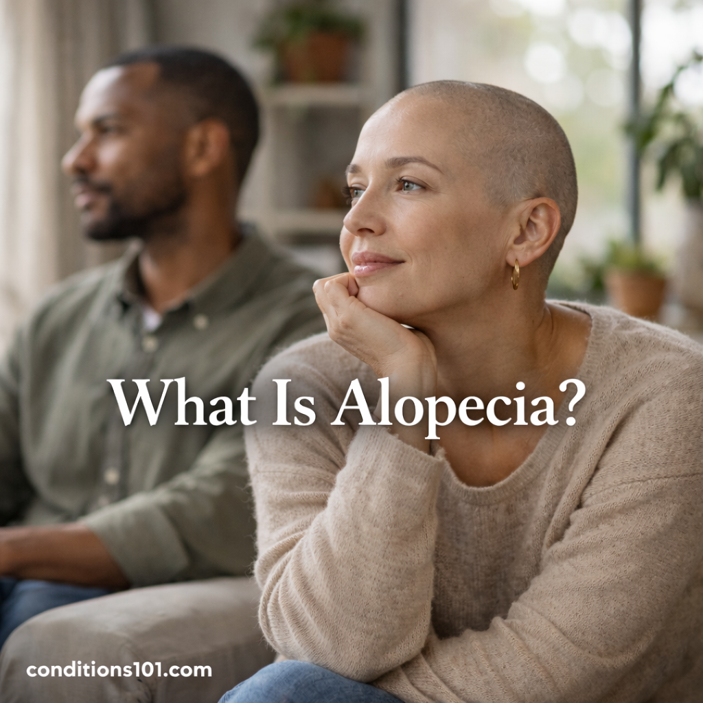 Adults in a calm home setting, including a woman with hair loss, representing an educational overview of alopecia.